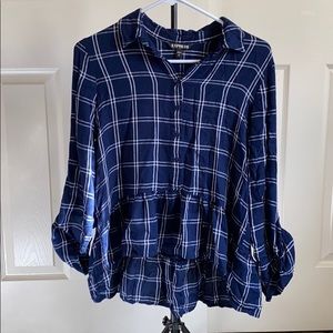 Express Hi-Lo Dark Navy Blue Plaid Shirt SZ S